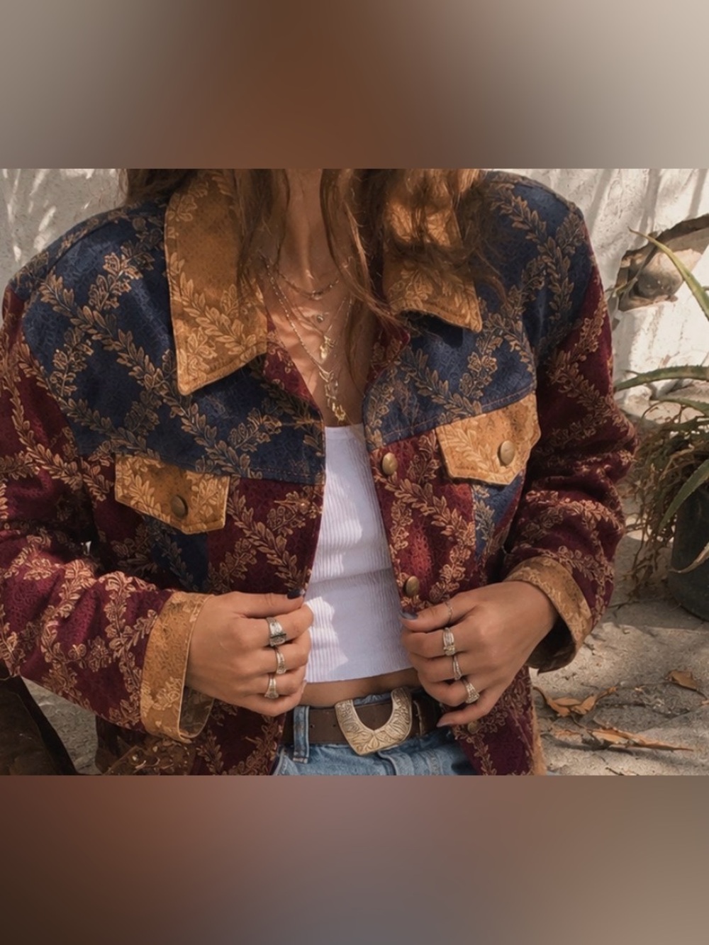 Vintage 90s Tapestry Cropped Jacket | Burgundy Jacquard Western Coat